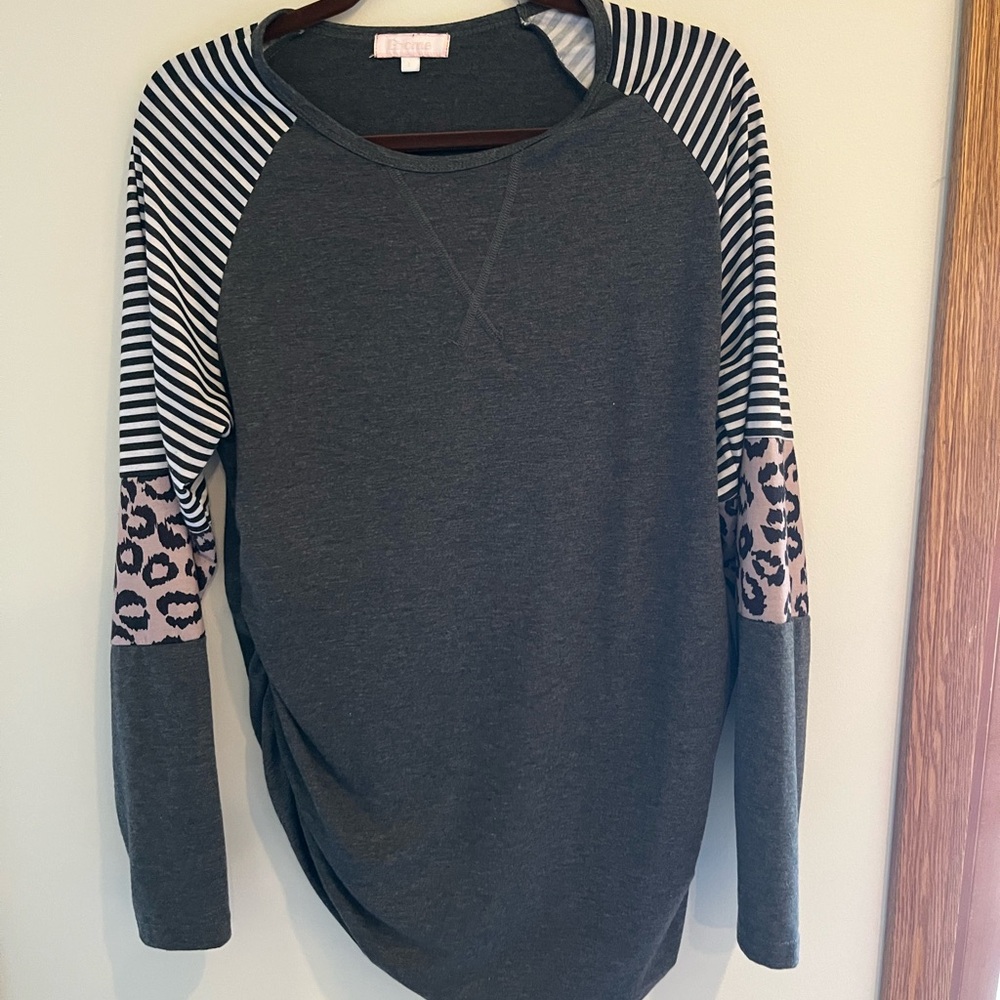Maternity Striped and Leopard Sleeve Gray Top